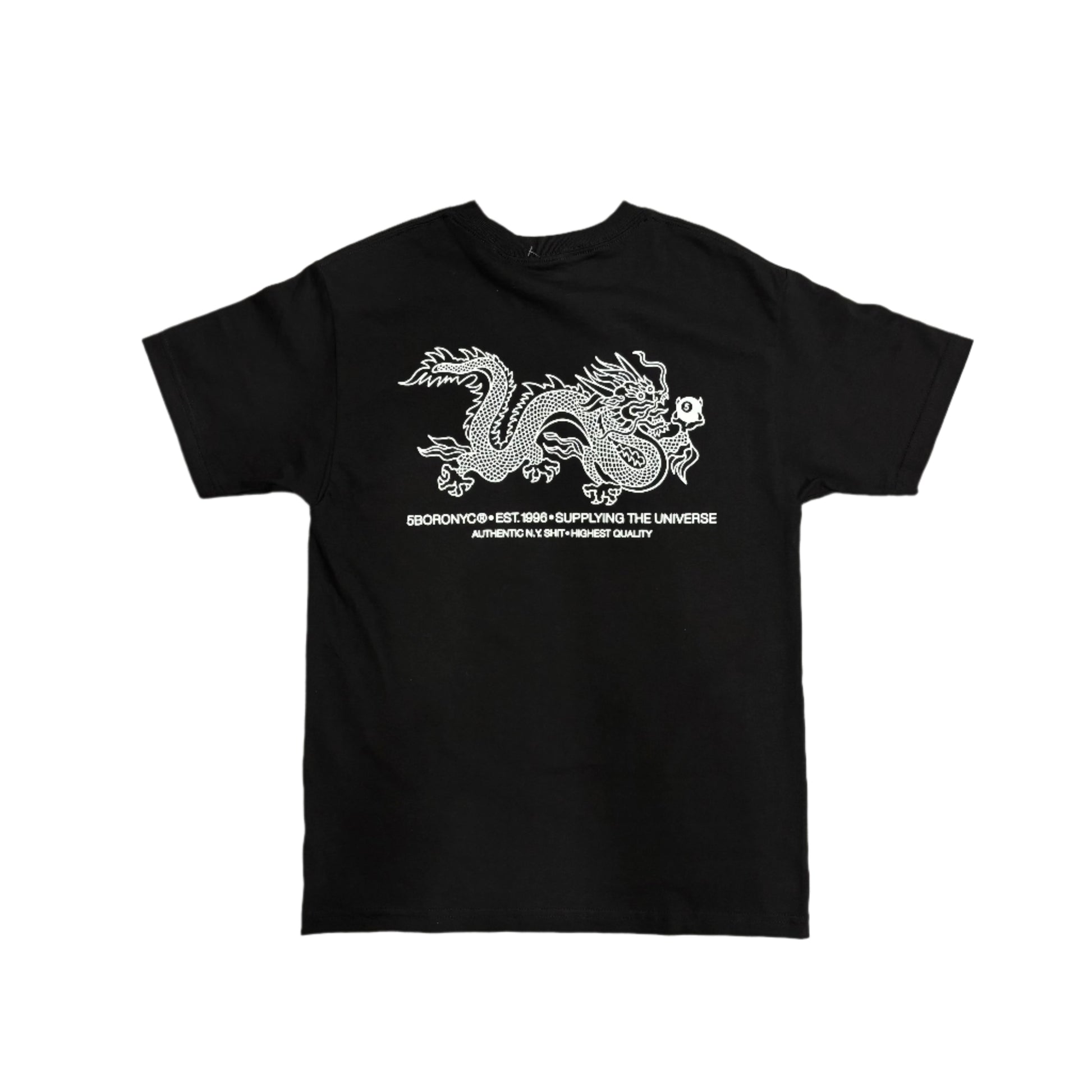 Black t-shirt with white dragon design on a white surface