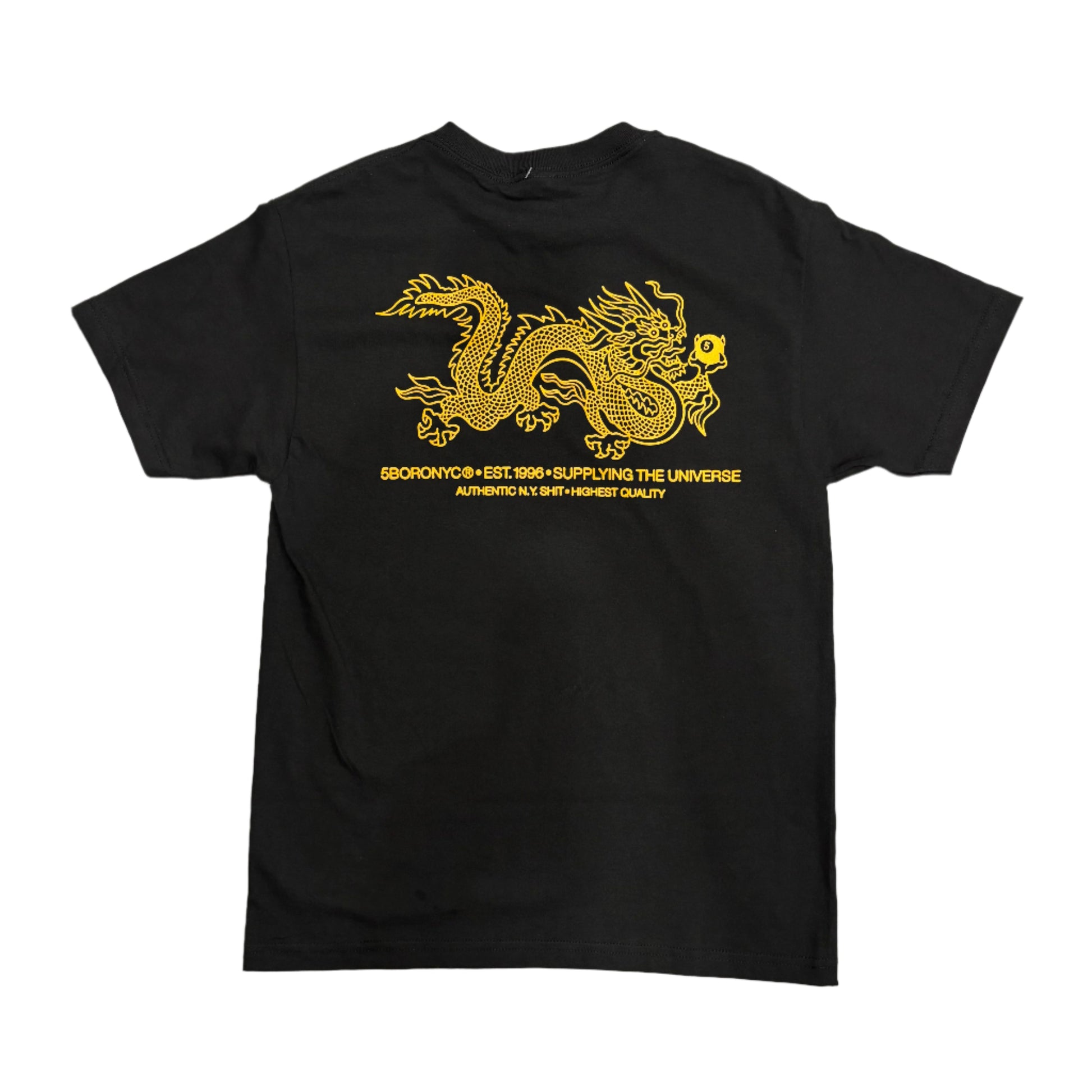 Black t-shirt with yellow dragon design and text on a white surface