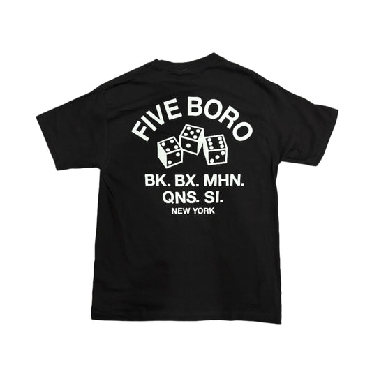 Black t-shirt with white text and dice graphics on a white background