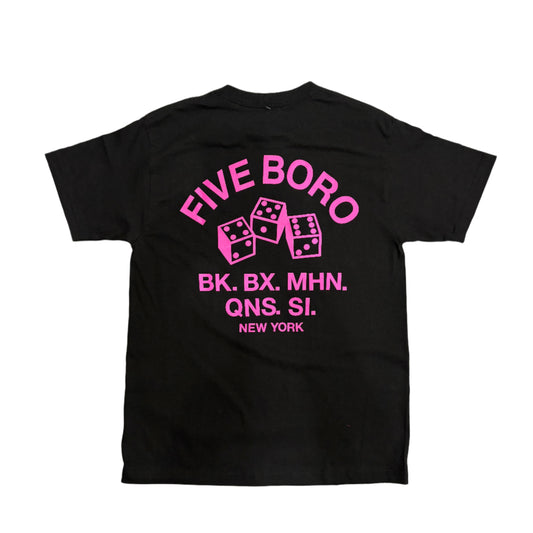 Black t-shirt with pink 'Five Boro' text and dice graphics on a white background