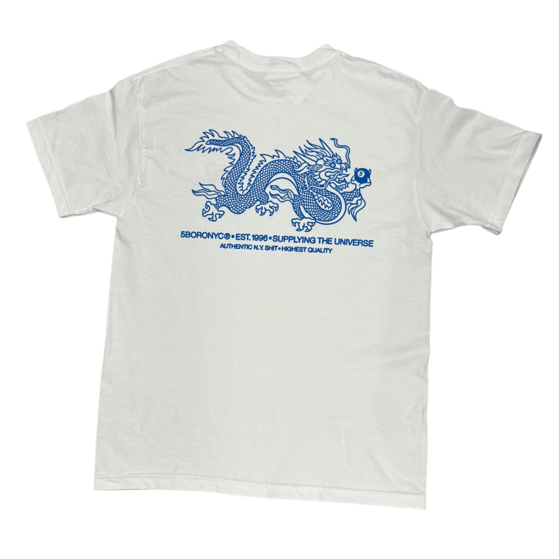 White t-shirt with blue dragon design on a white surface