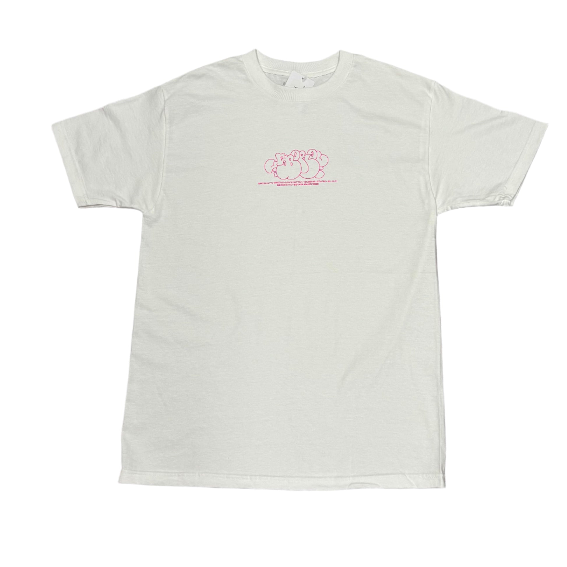 White t-shirt with a pink logo on a white surface