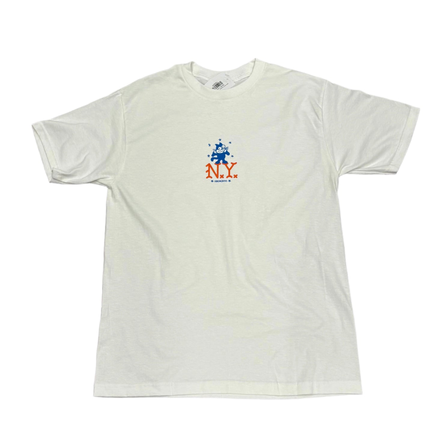 White t-shirt with a cat logo on a white surface