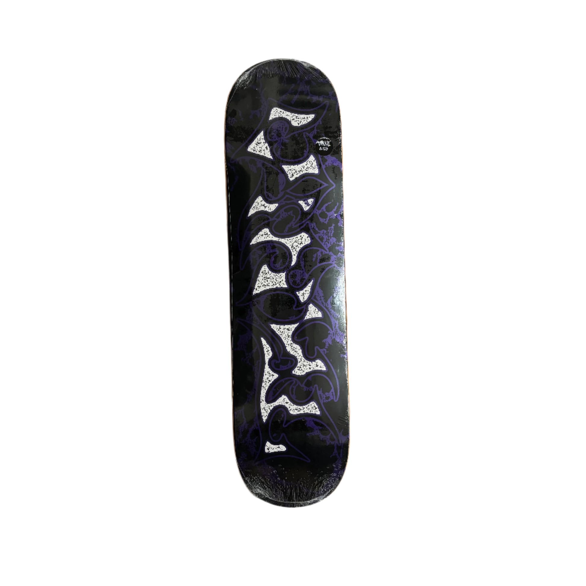 Skateboard deck with a black and white pattern on a white surface