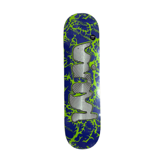 Skateboard deck with blue and green VINYL logo design on a white surface