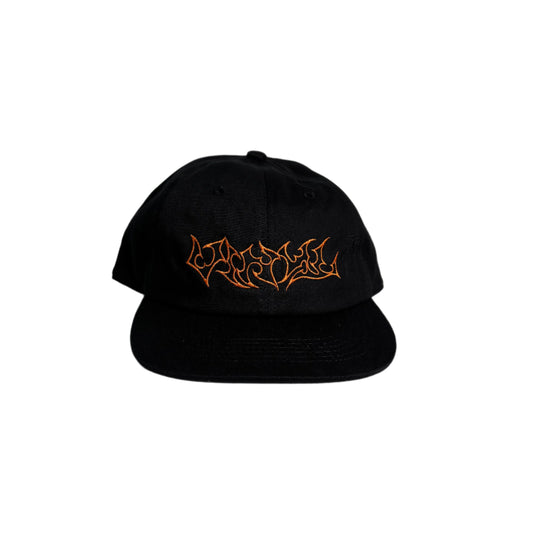 Black cap with orange logo on a white background