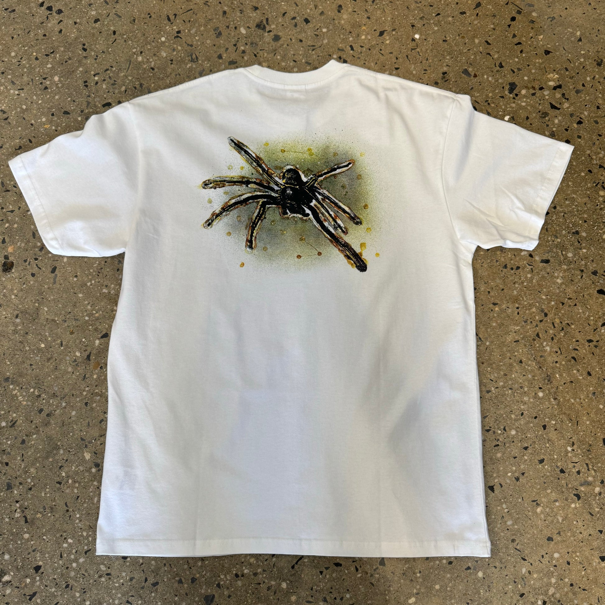 back of t shirt. big spider with green background