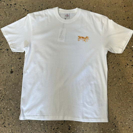 white t shirt with orange text on the left of the chest