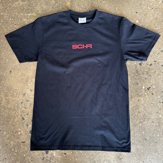 black t shirt with "sci-fi" in red text in the center