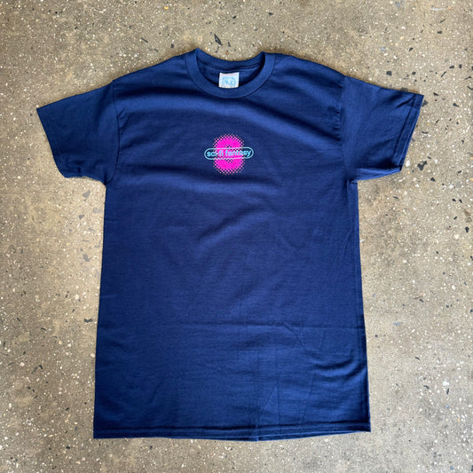 navy blue t shirt with hot pink logo in the center with light blue text over it