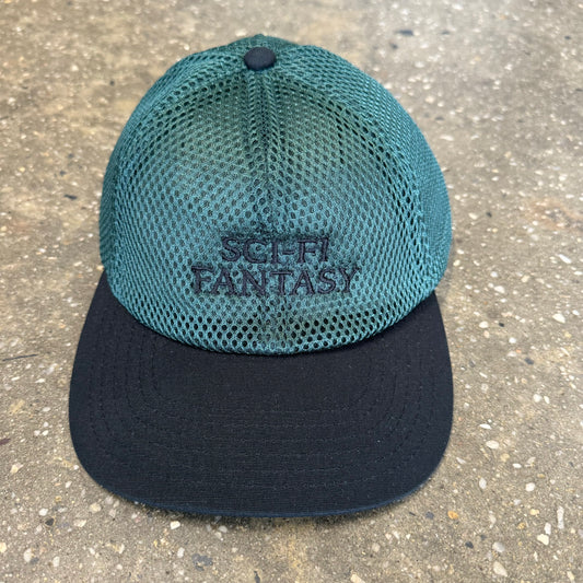 forest green mesh hat with black text and bill