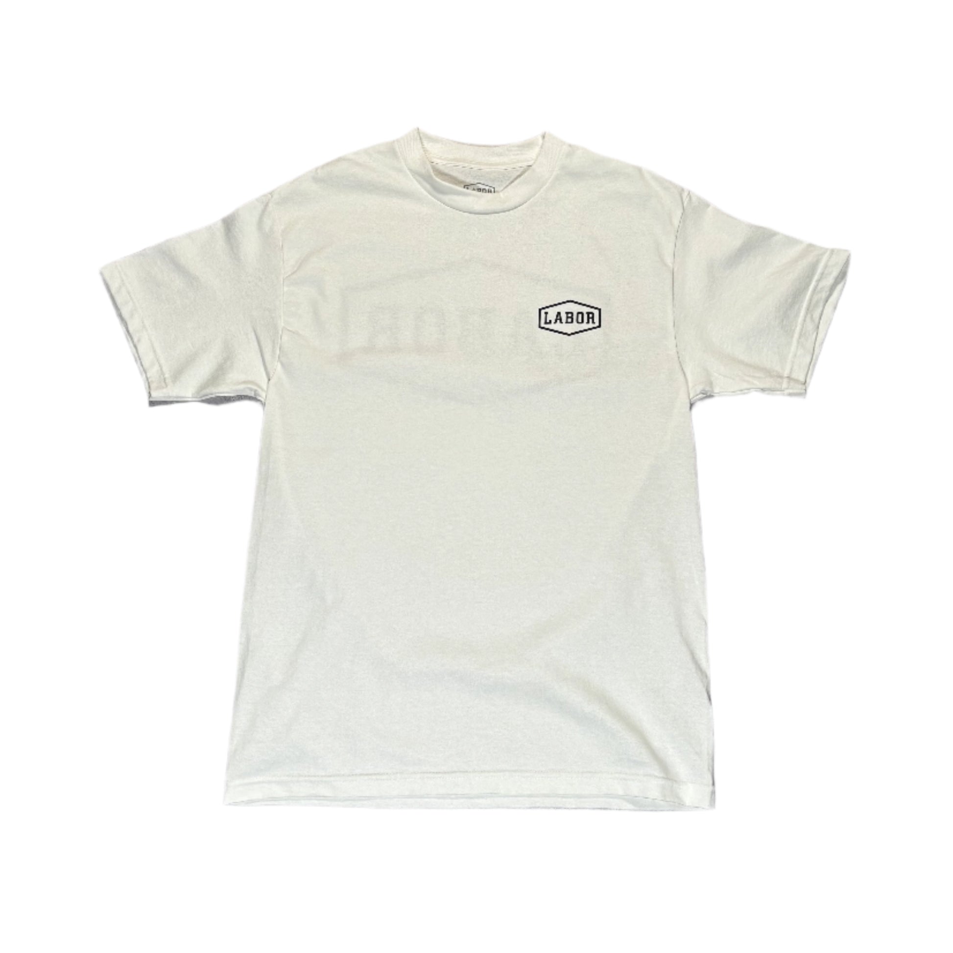 White t-shirt with a logo on a white surface