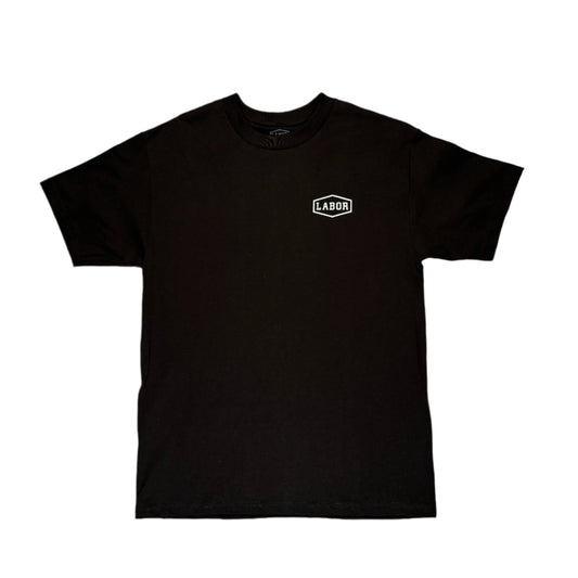 Black t-shirt with 'LABOR' logo on a white surface