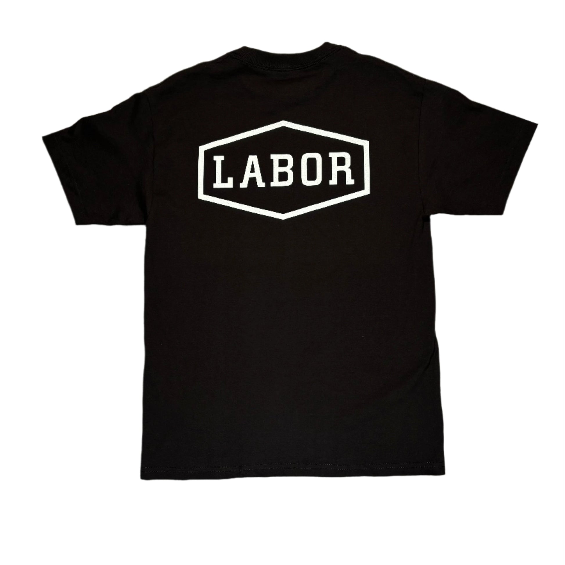 Black t-shirt with 'LABOR' logo on a white surface