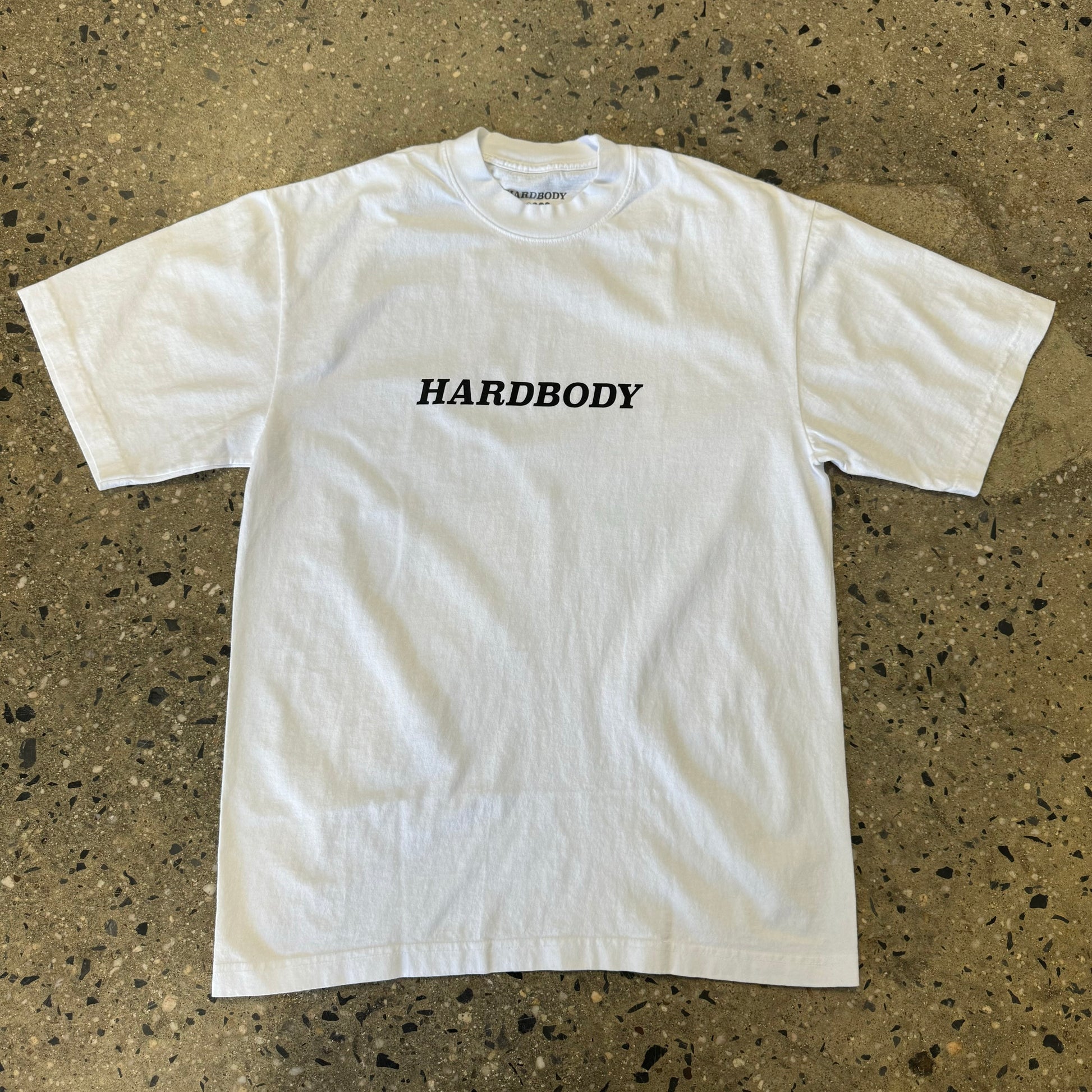 black Hardbody logo on white T-shirt