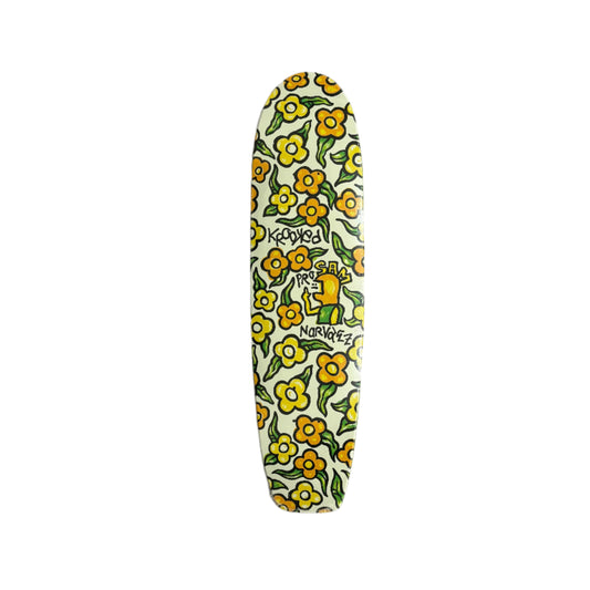 Skateboard deck with floral design on a white surface