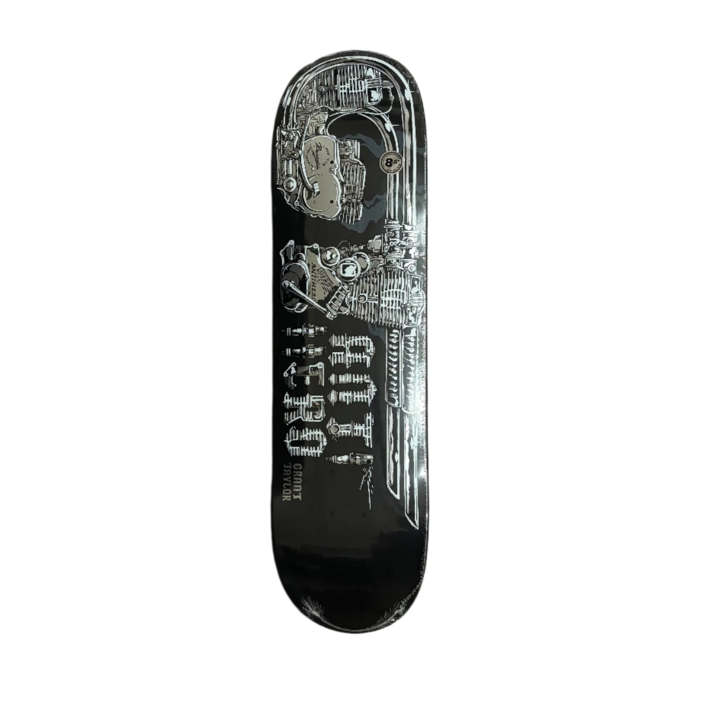 Skateboard deck with mechanical design on a white surface