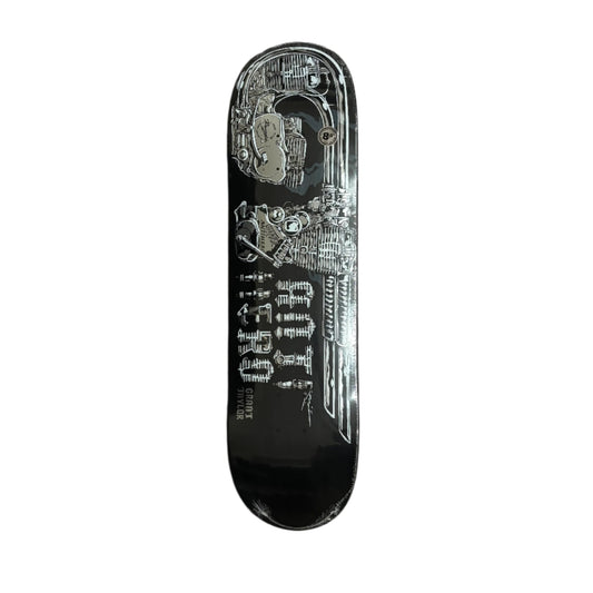 Skateboard deck with mechanical design on a white surface