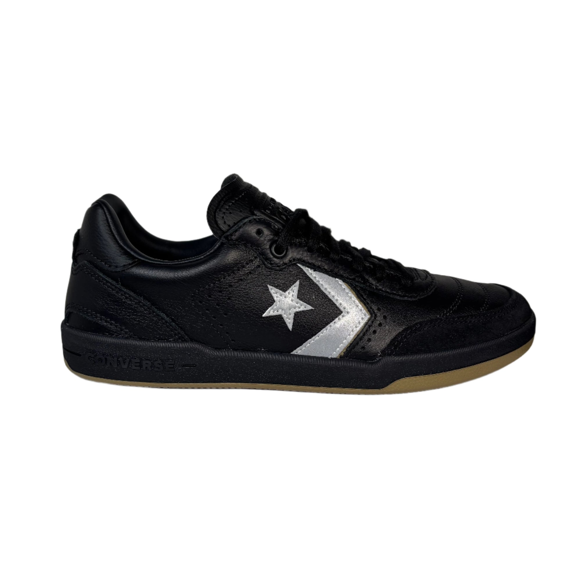 Black sneaker with a white star logo on a white background