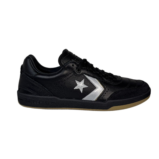 Black sneaker with a white star logo on a white background