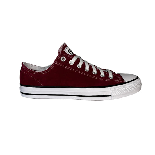 Maroon sneaker with white laces on a white background