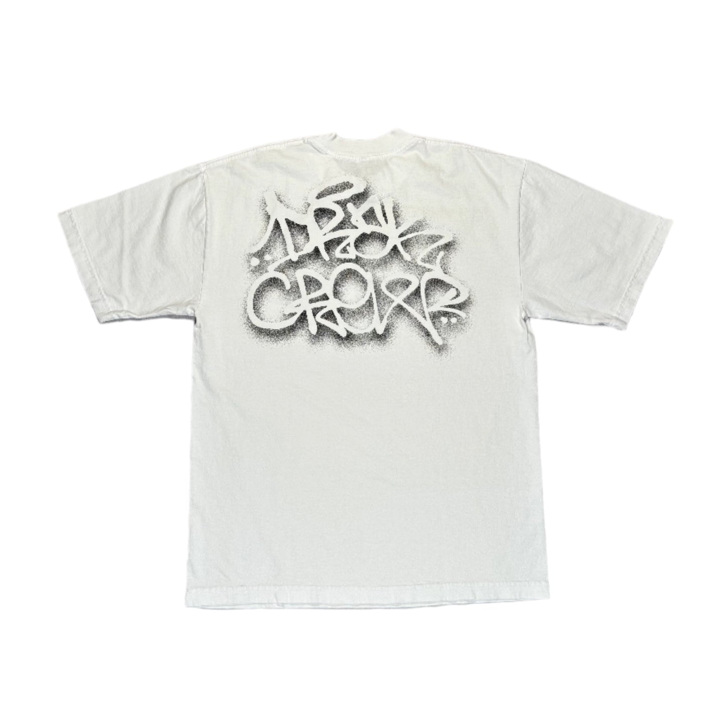 White t-shirt with a graphic design on a white surface