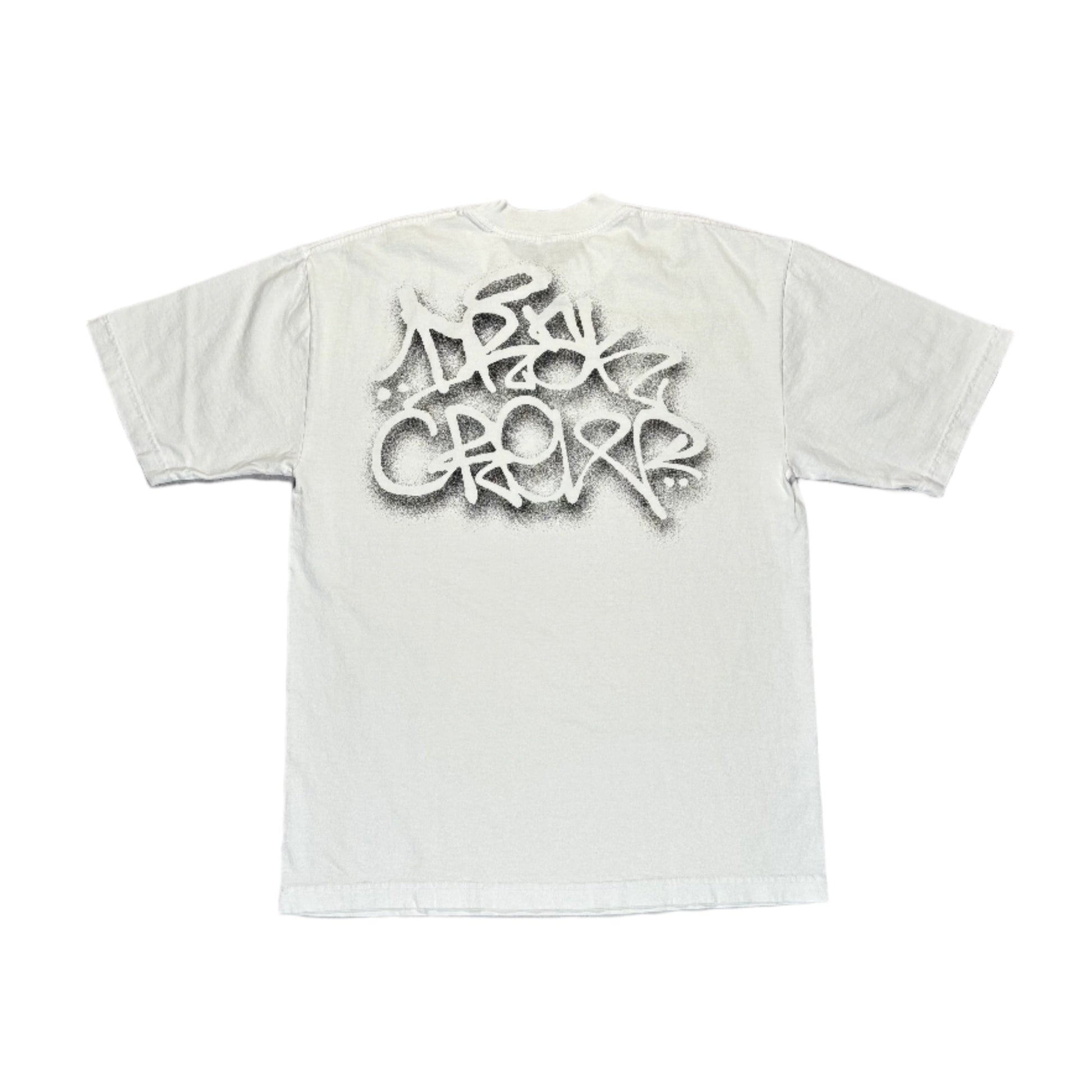 White t-shirt with a graphic design on a white surface