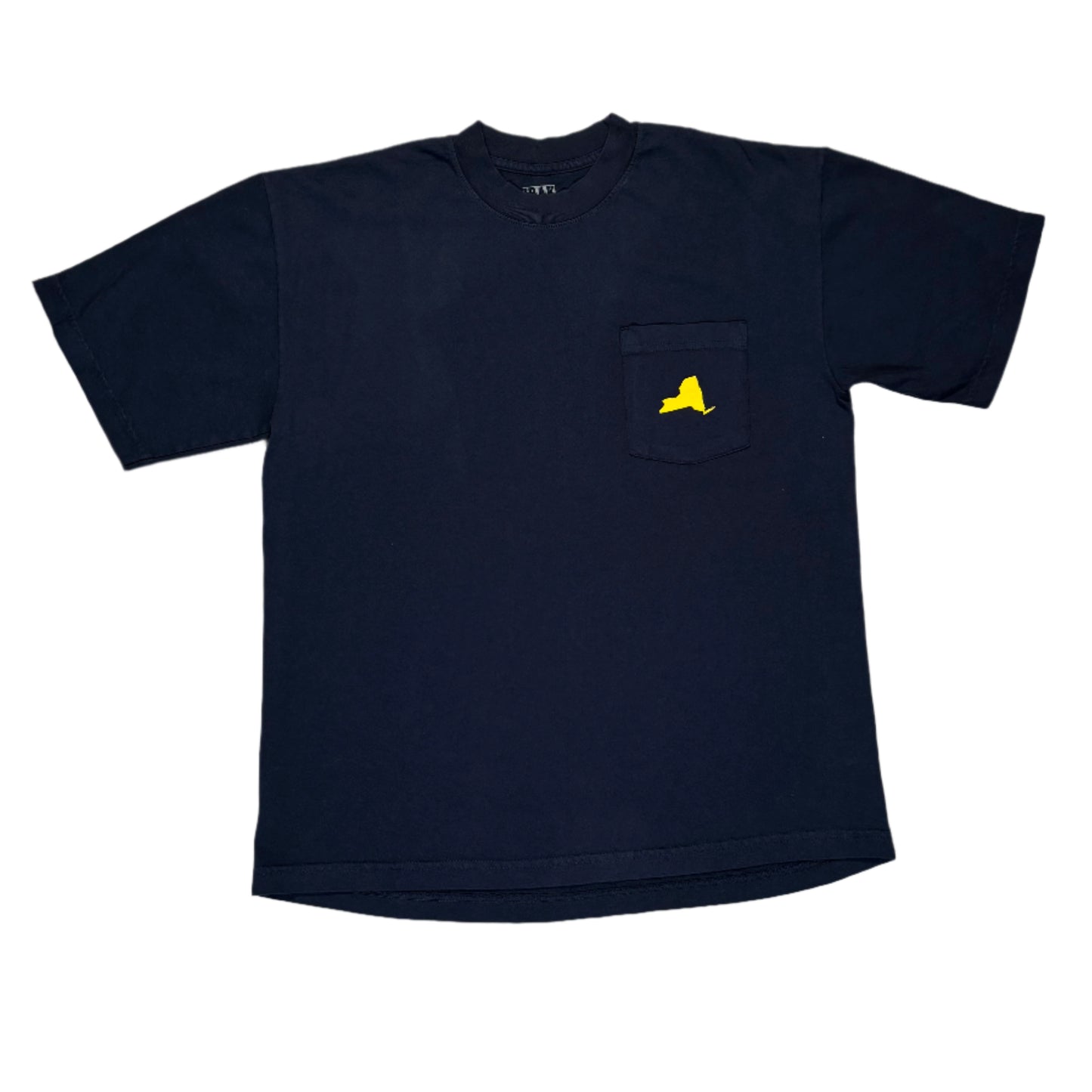 navy pocket t-shirt with a yellow logo on a white surface
