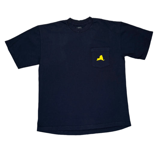 navy pocket t-shirt with a yellow logo on a white surface