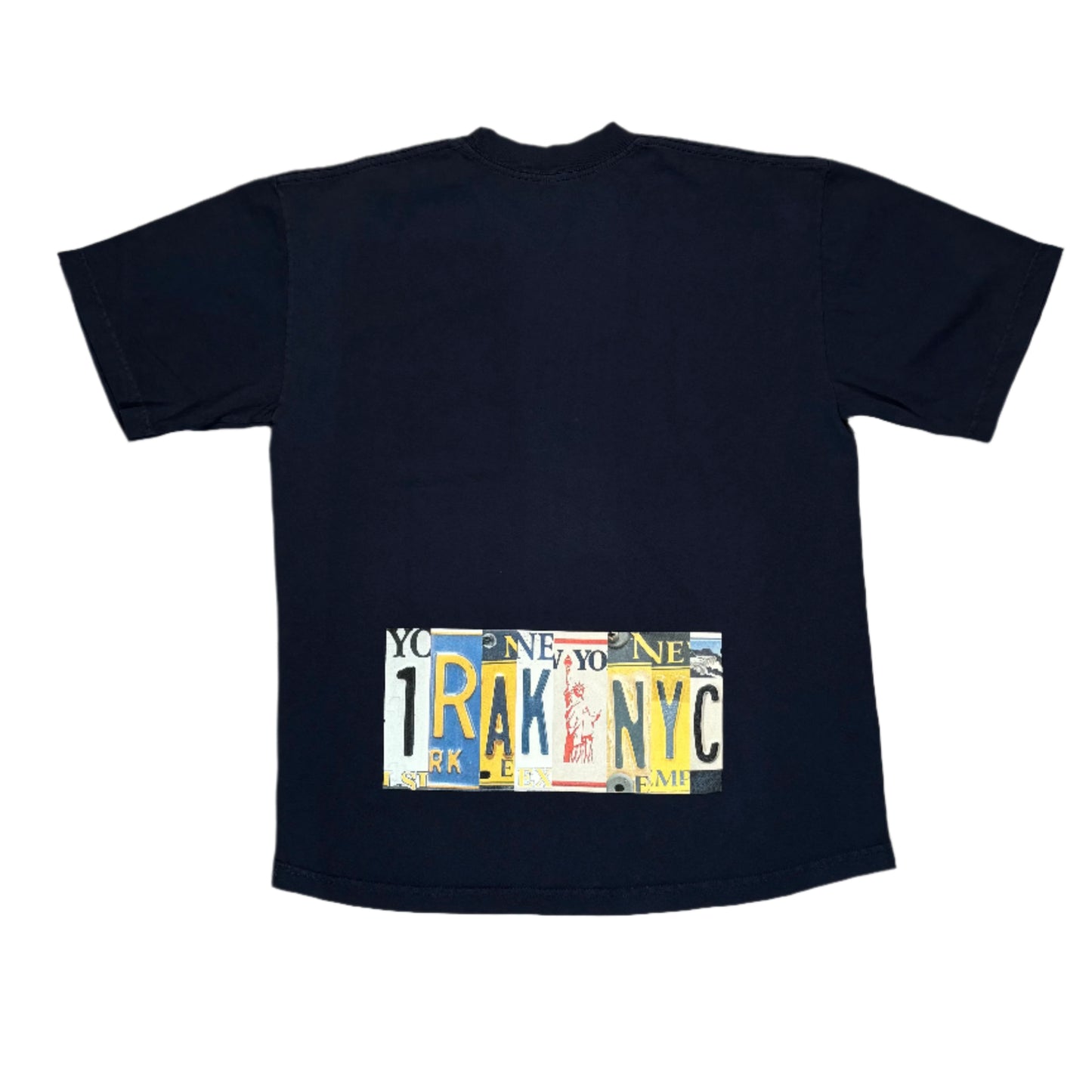 navy t-shirt with license plate design on a white surface
