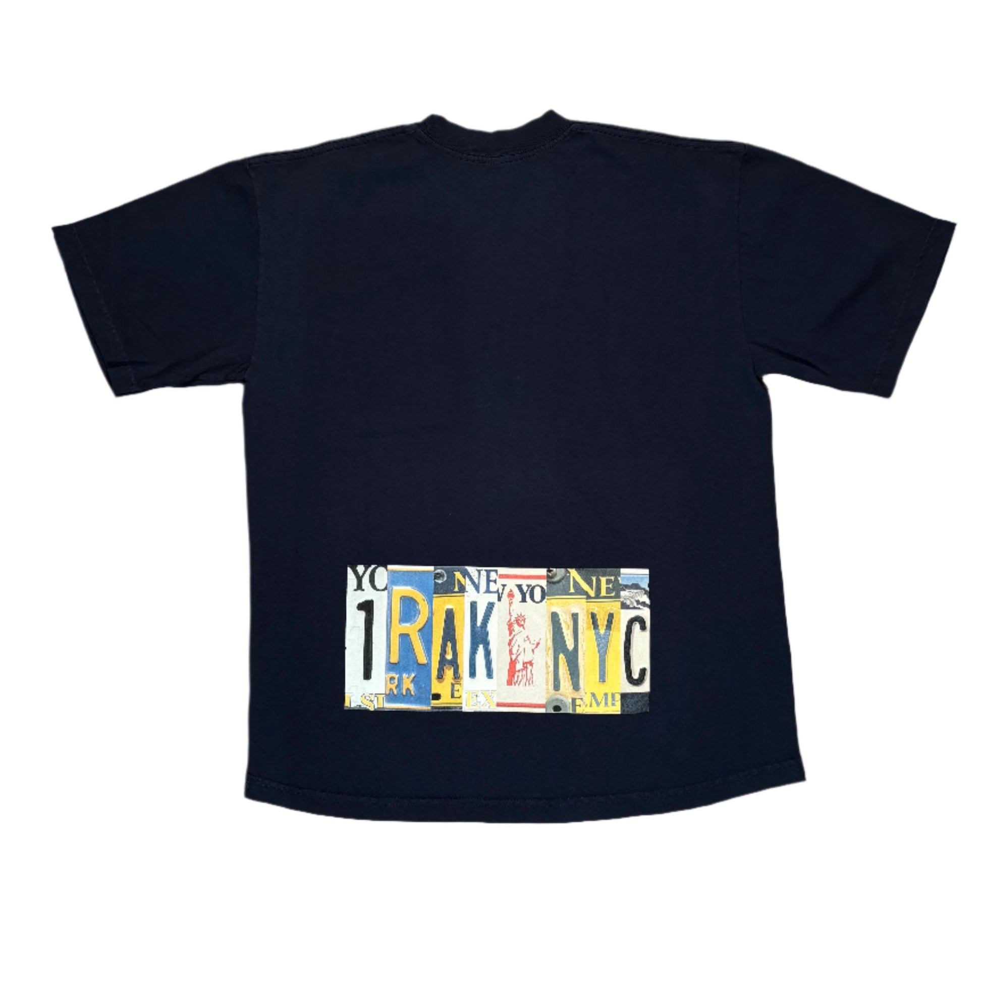 navy t-shirt with license plate design on a white surface