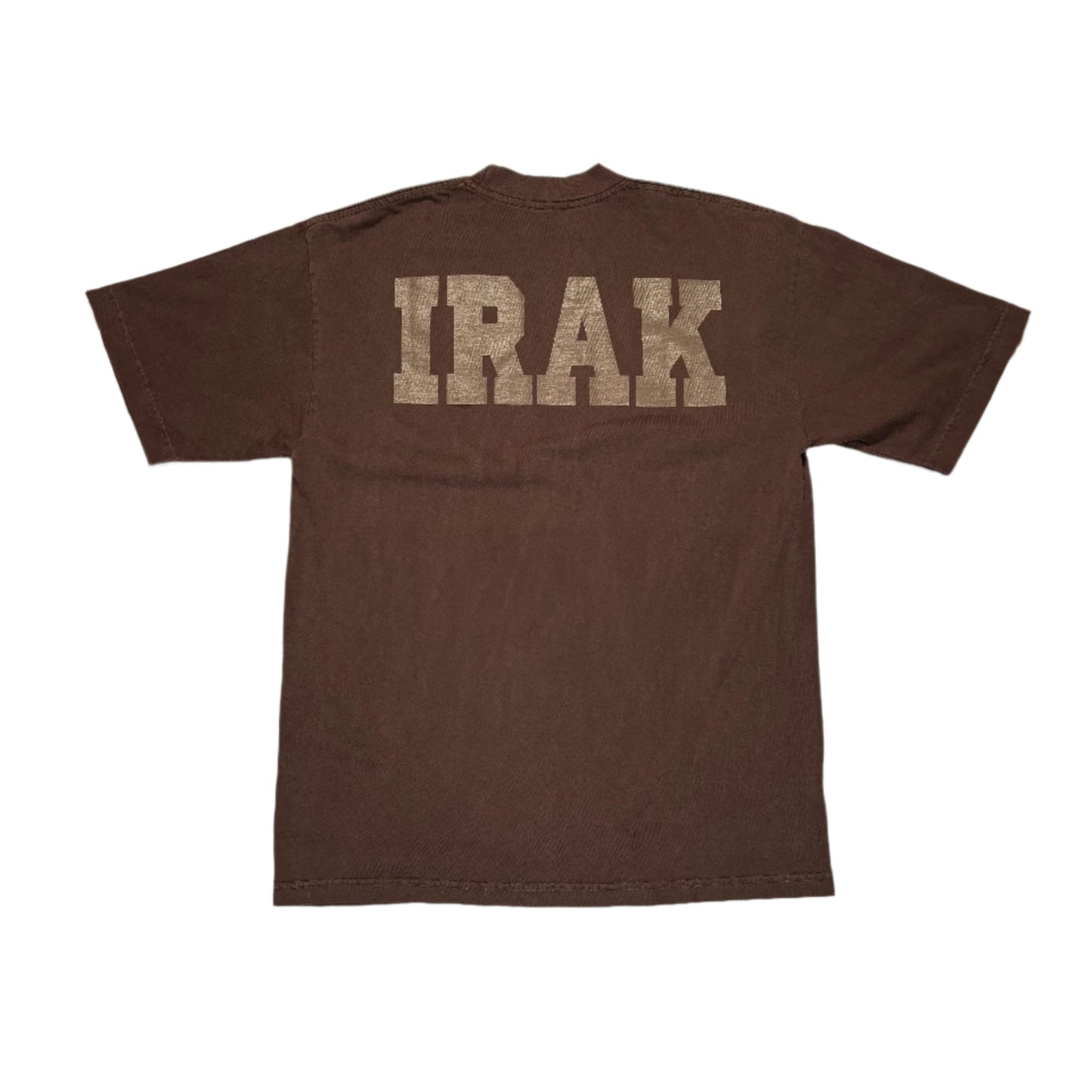 Brown t-shirt with 'IRAK' printed on the back, laid flat on a white surface.