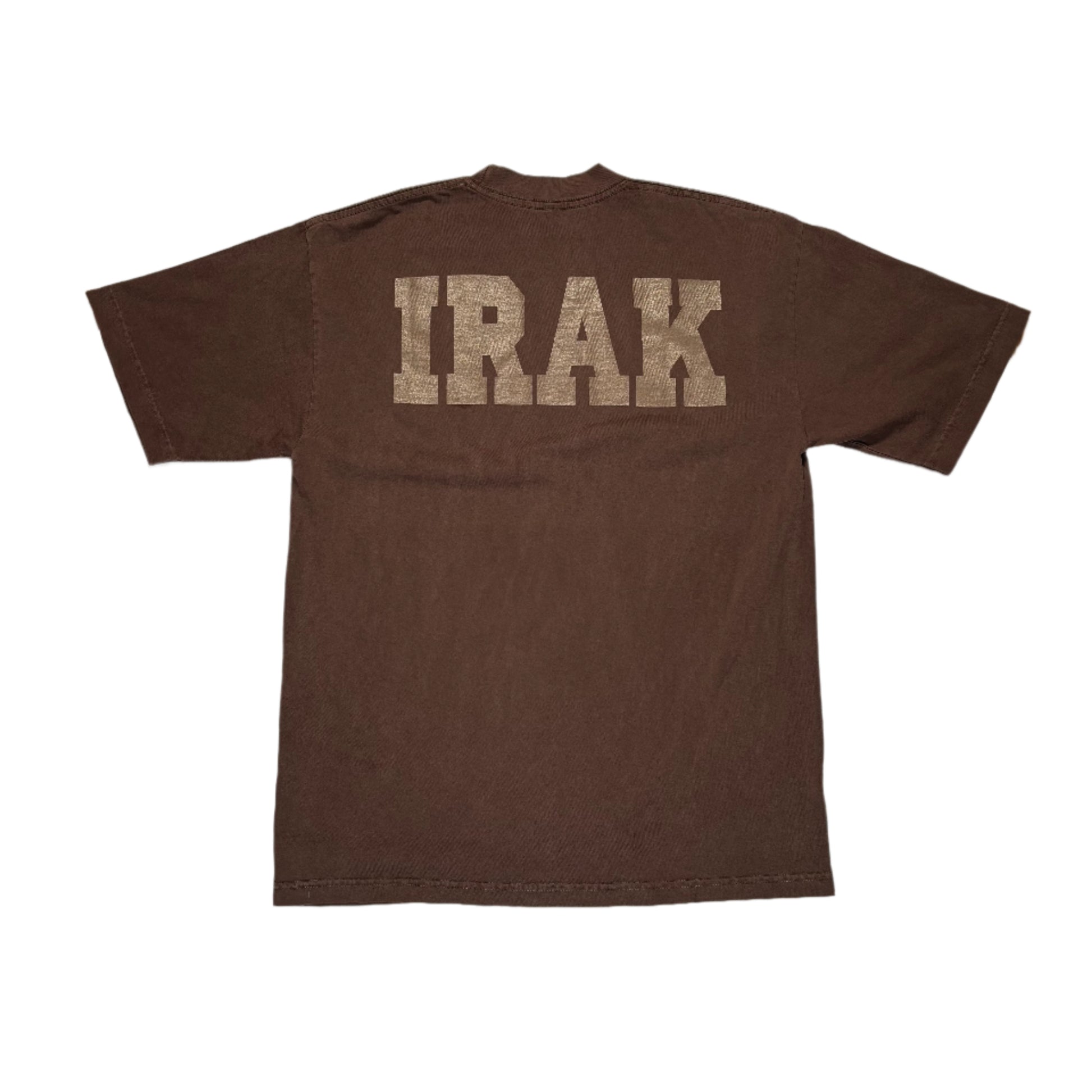 Brown t-shirt with 'IRAK' printed on the back, laid flat on a white surface.