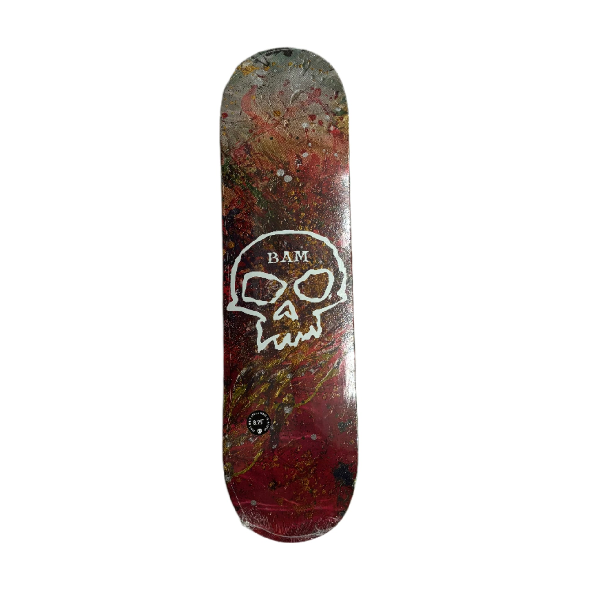 Skateboard deck with a skull logo on a white surface