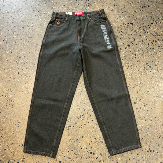 Front view of green washed denim jeans
