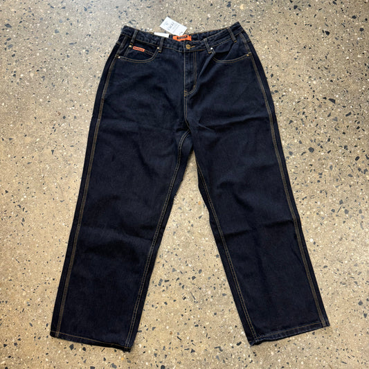 Front view of black washed denim jeans