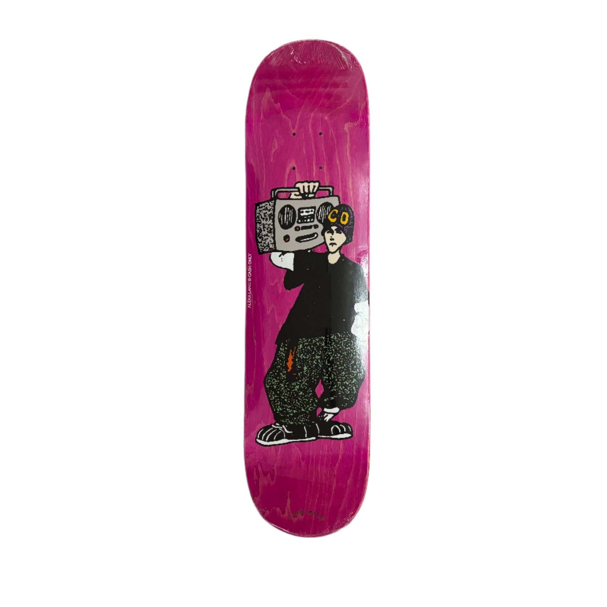 Skateboard deck with a graphic design of a bear holding a boombox on a pink background, placed on a gray surface.