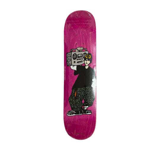 Skateboard deck with a graphic design of a bear holding a boombox on a pink background, placed on a gray surface.