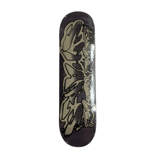 Skateboard deck with a black and white graphic design on a white  surface.
