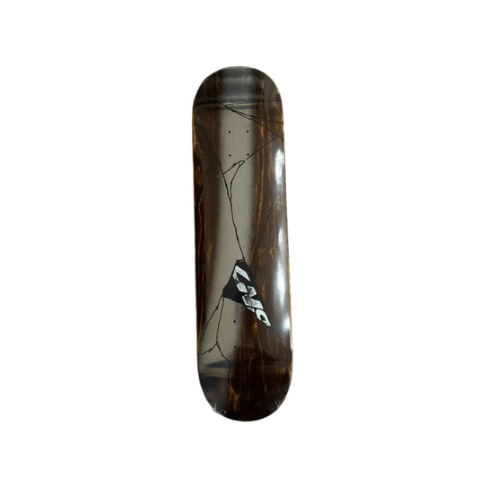 Skateboard deck with a dark, marbled design on a white surface