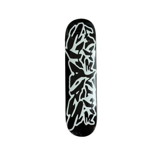 Black skateboard deck with white abstract design on a white background
