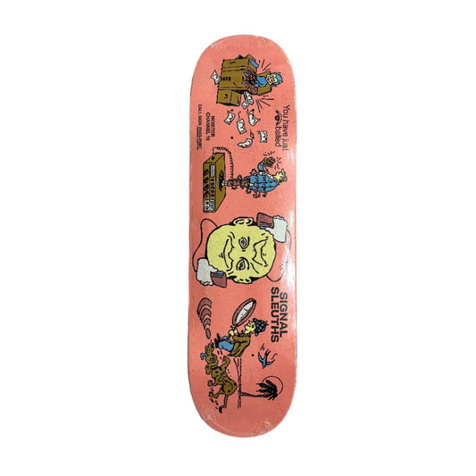 Skateboard deck with colorful graphics on a white surface