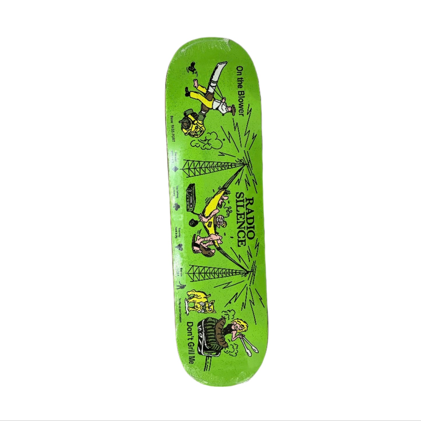 Green skateboard deck with graphics on a white surface