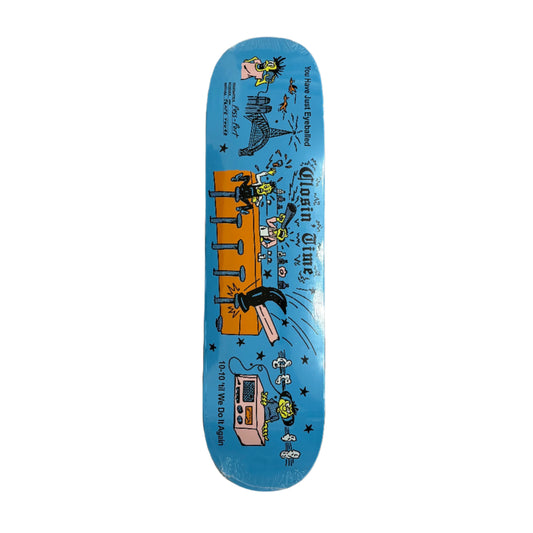 Skateboard deck with colorful graphics on a White surface
