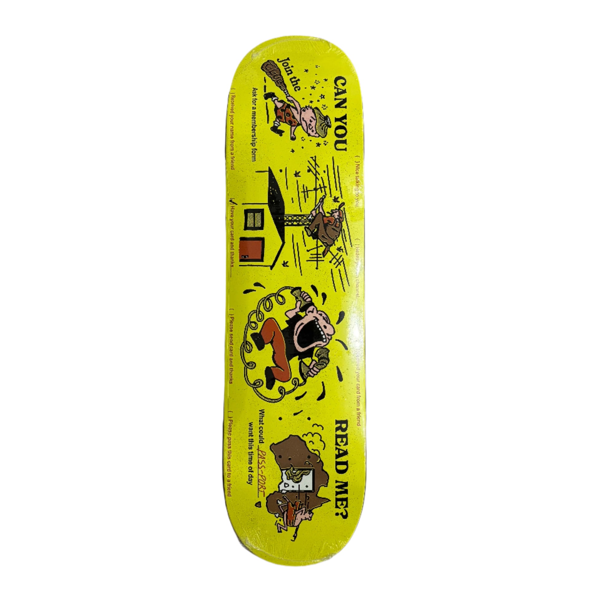 Skateboard deck with cartoon character and text on a yellow background, placed on a white surface.