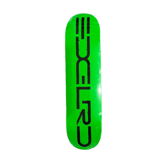 Green skateboard deck with black text on a white surface