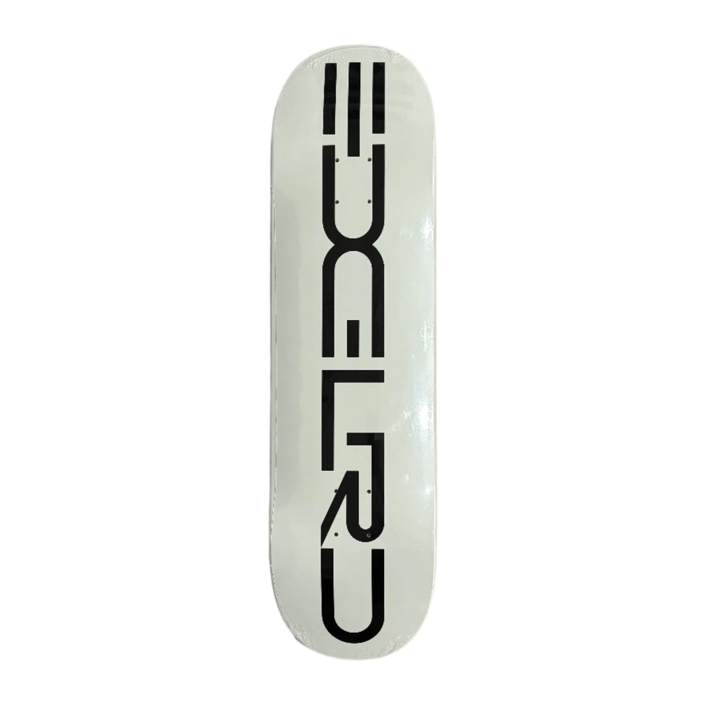 White skateboard deck with black text on a white surface