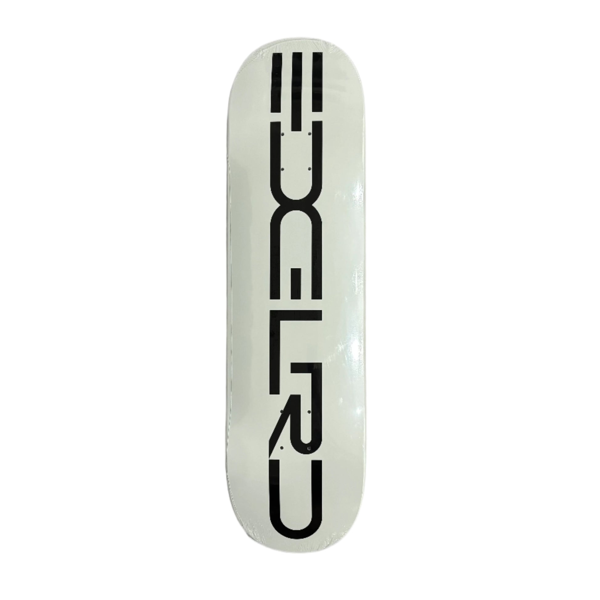 White skateboard deck with black text on a white surface
