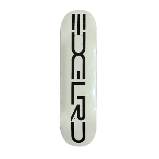 White skateboard deck with black text on a white surface