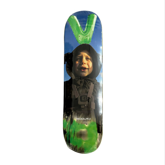 Skateboard deck with a colorful design featuring a child's face and the letter 'V' on a white surface.